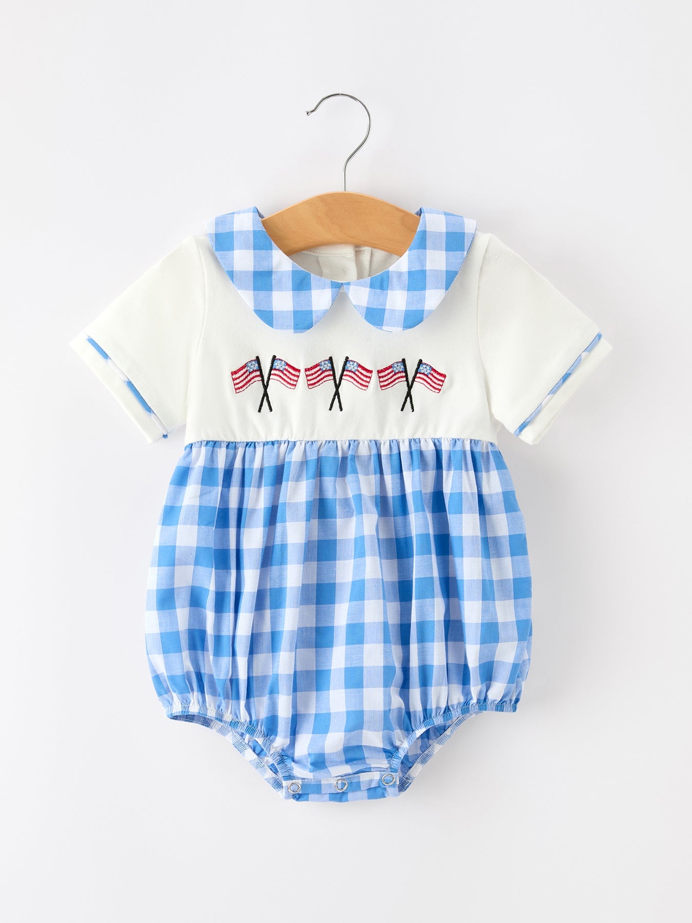 Boys 4th of July Plaid Romper Embroidery Petals Collar - front view