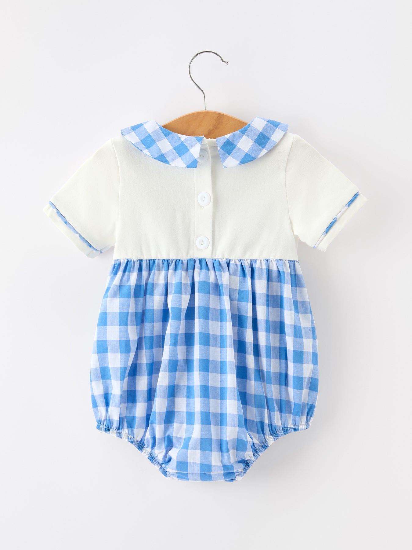 Boys 4th of July Plaid Romper Embroidery Petals Collar - detail view
