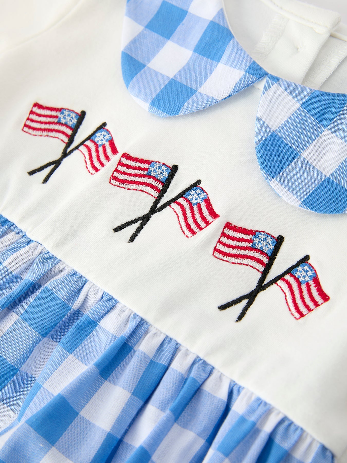 Boys 4th of July Plaid Romper Embroidery Petals Collar - back view