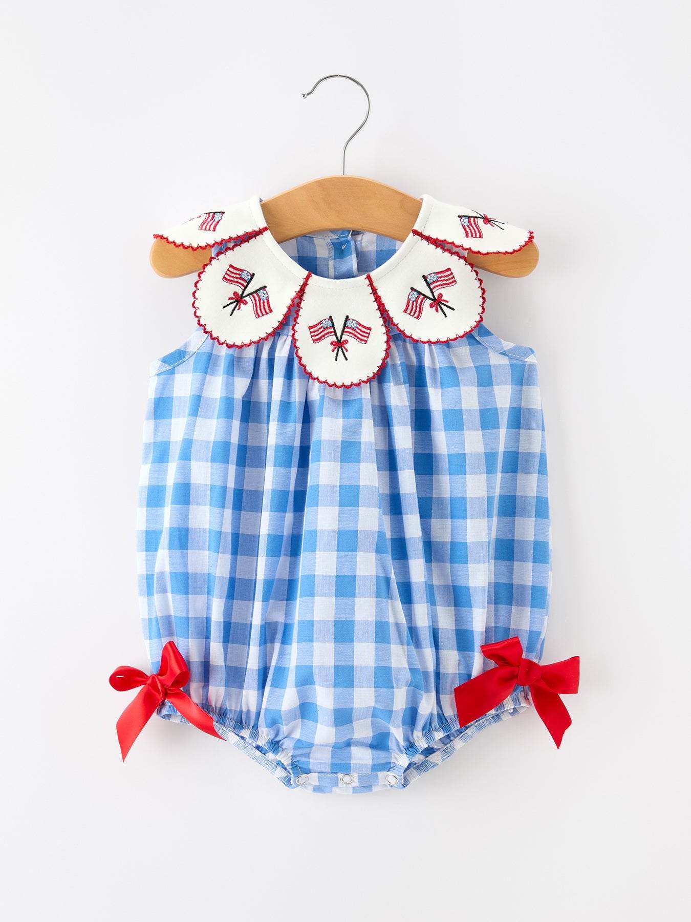 Girls 4th of July Plaid Romper Bow Embroidery Petals Collar - front view