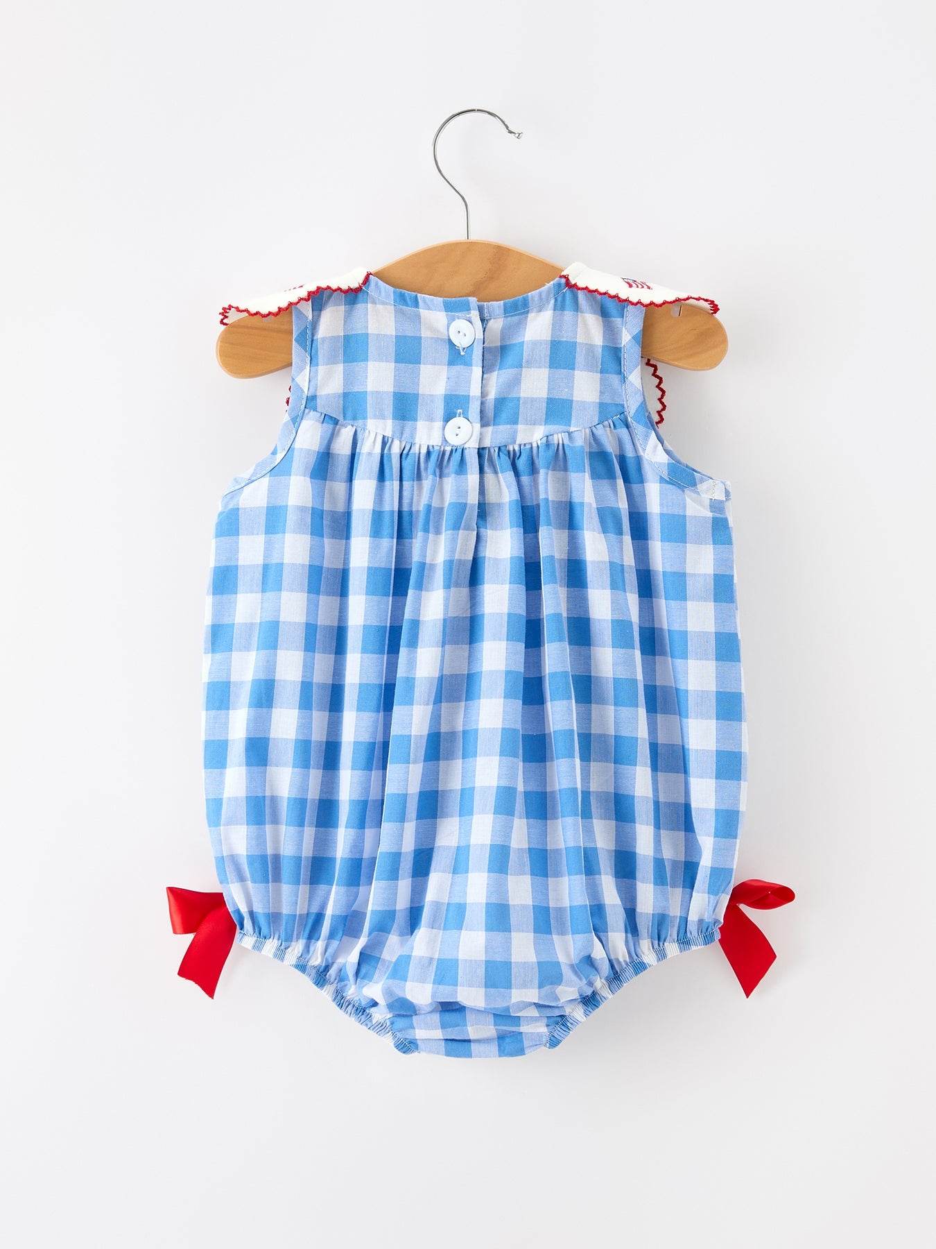 Girls 4th of July Plaid Romper Bow Embroidery Petals Collar - detail view