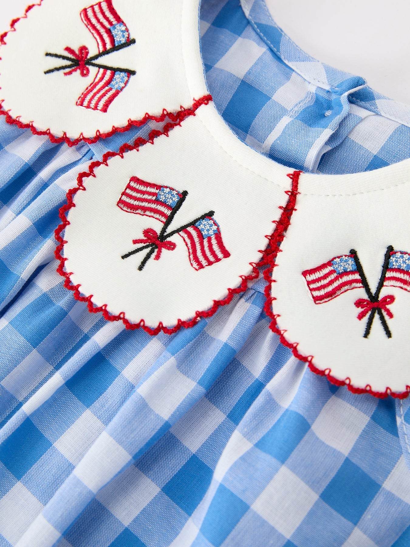 Girls 4th of July Plaid Romper Bow Embroidery Petals Collar - back view
