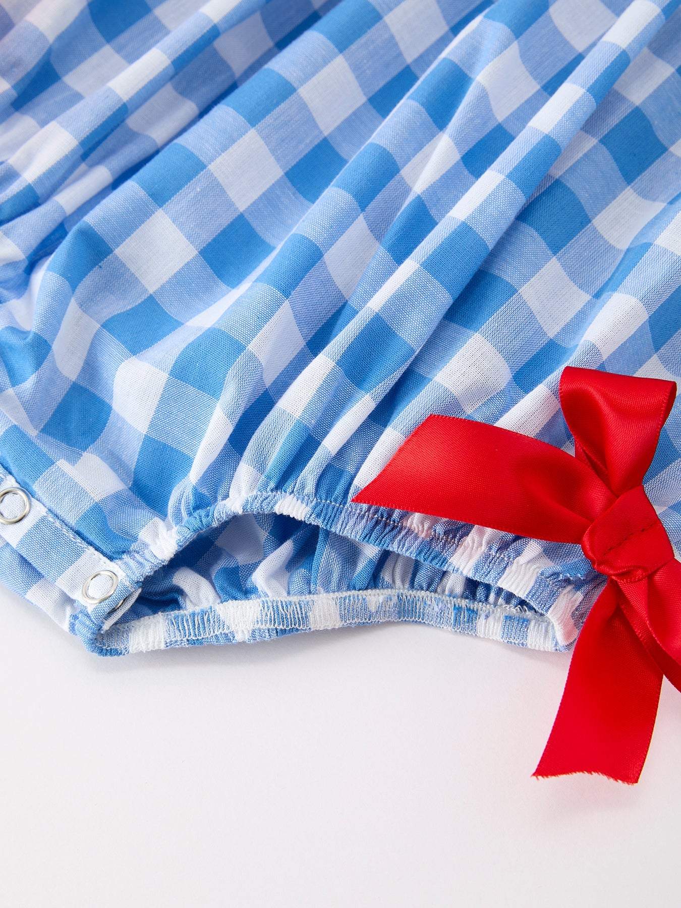 Girls 4th of July Plaid Romper Bow Embroidery Petals Collar - side view