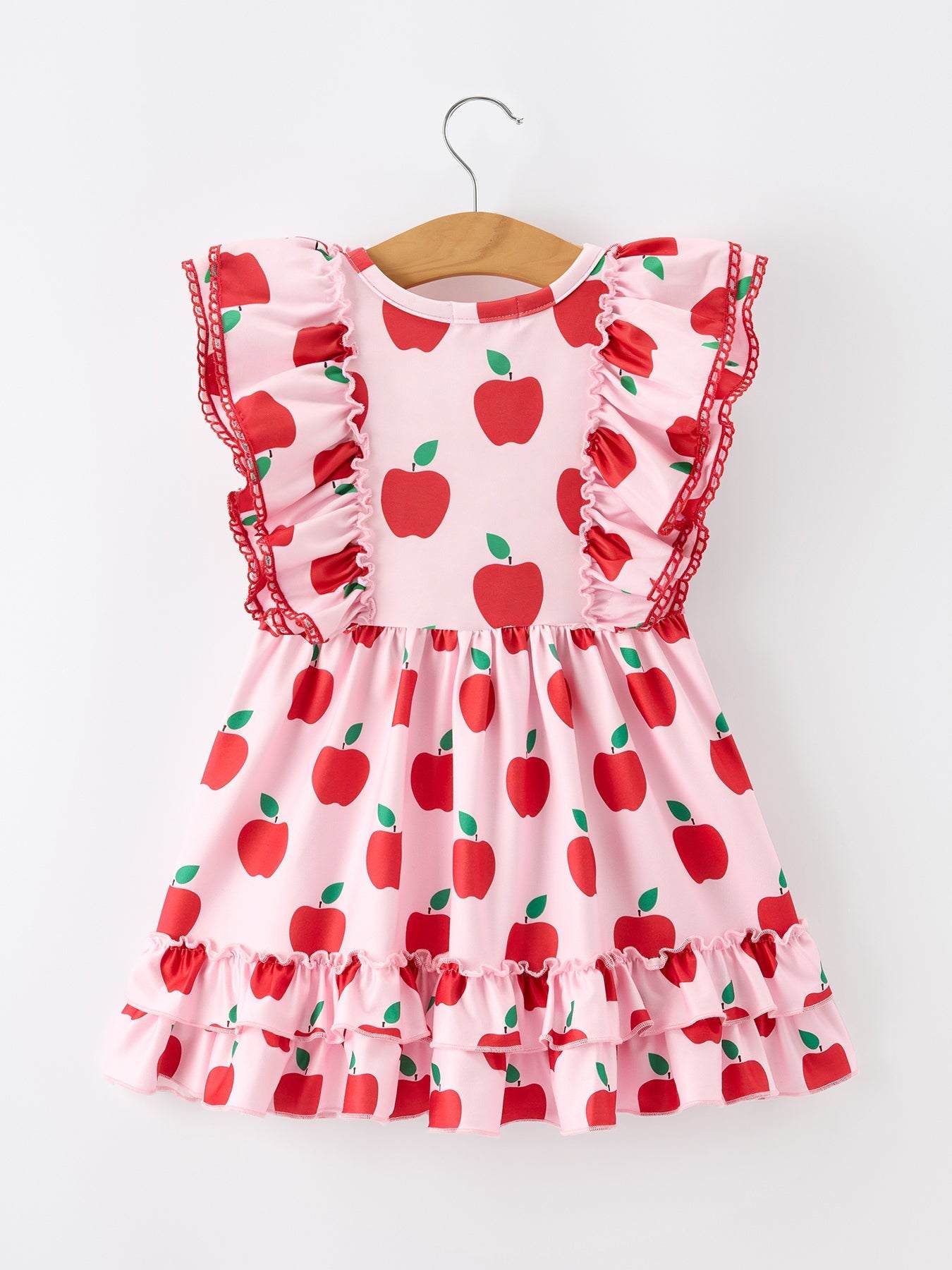 Girls Back To School Apple Twirl Dress Ruffle Flutter Sleeve - detail view