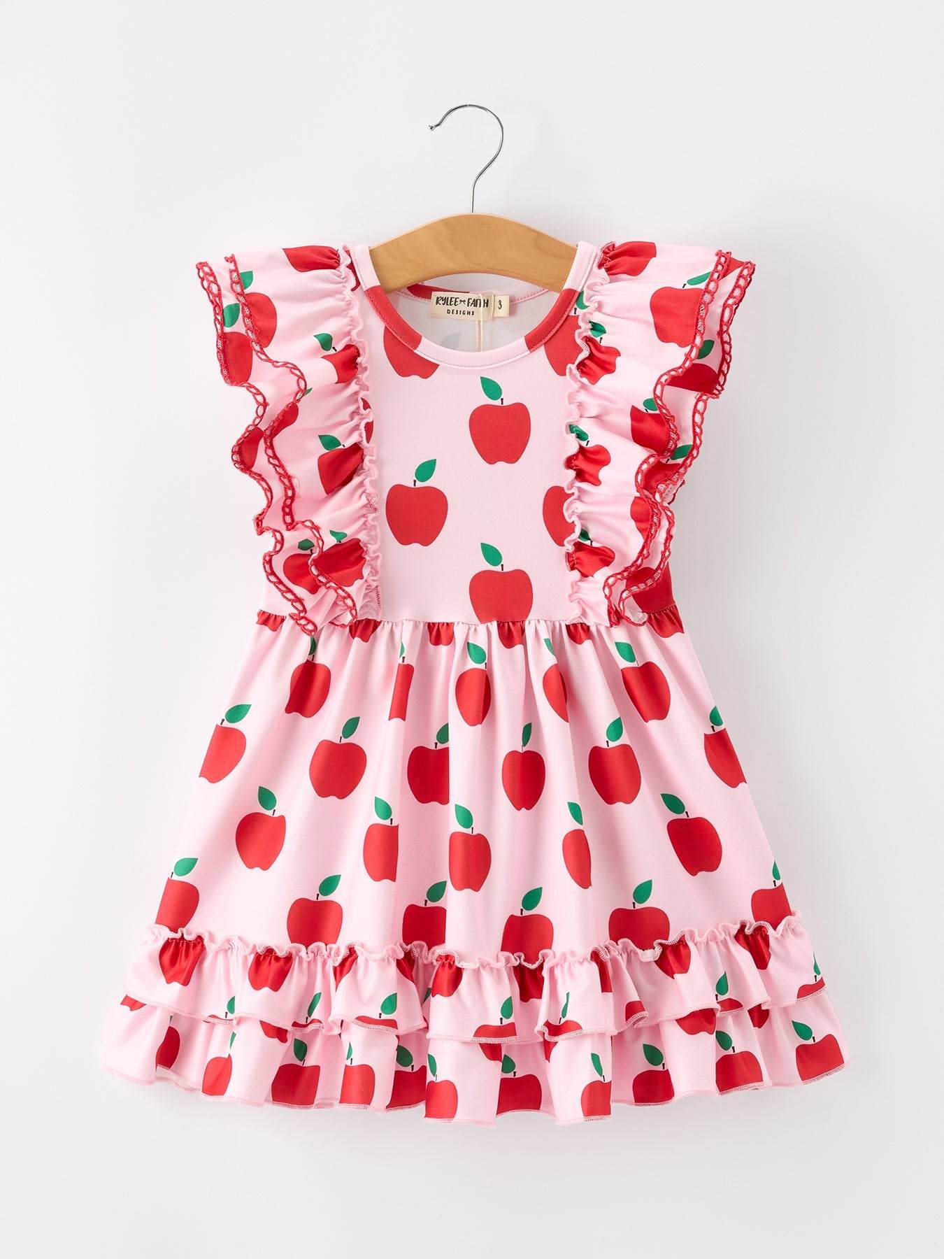 Girls Back To School Apple Twirl Dress Ruffle Flutter Sleeve - front view