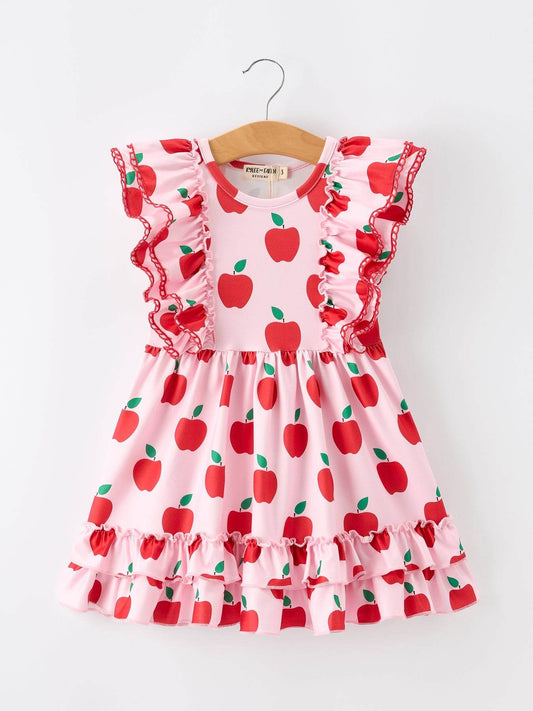 Girls Back To School Apple Twirl Dress Ruffle Flutter Sleeve