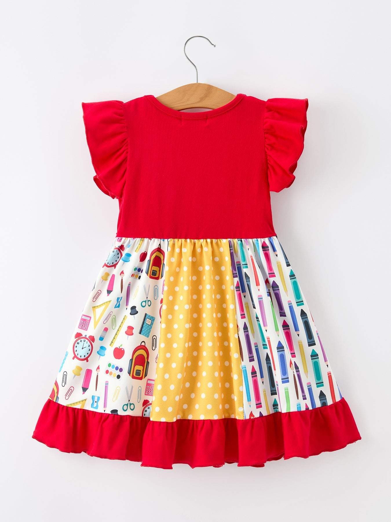 Girls patchwork twirl dress back to school front view
