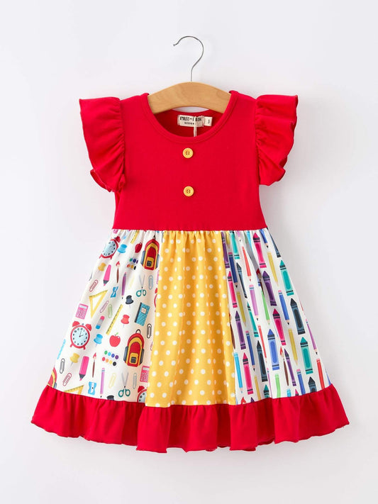 Girls Back To School Pencil Twirl Dress Ruffle Patchwork