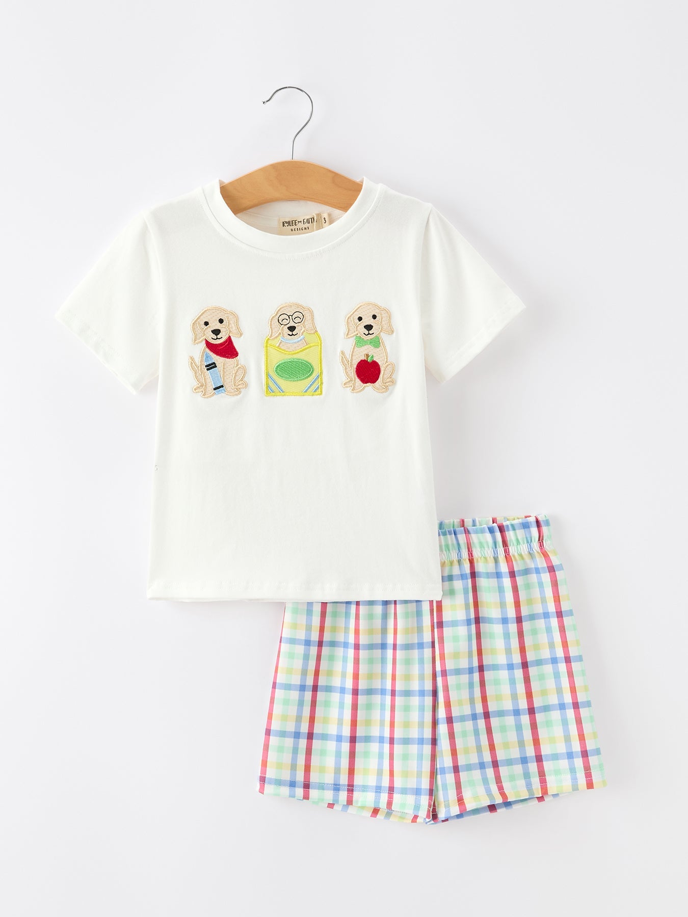 Boys Back To School Dog Plaid Short Set Applique Outfit - front view