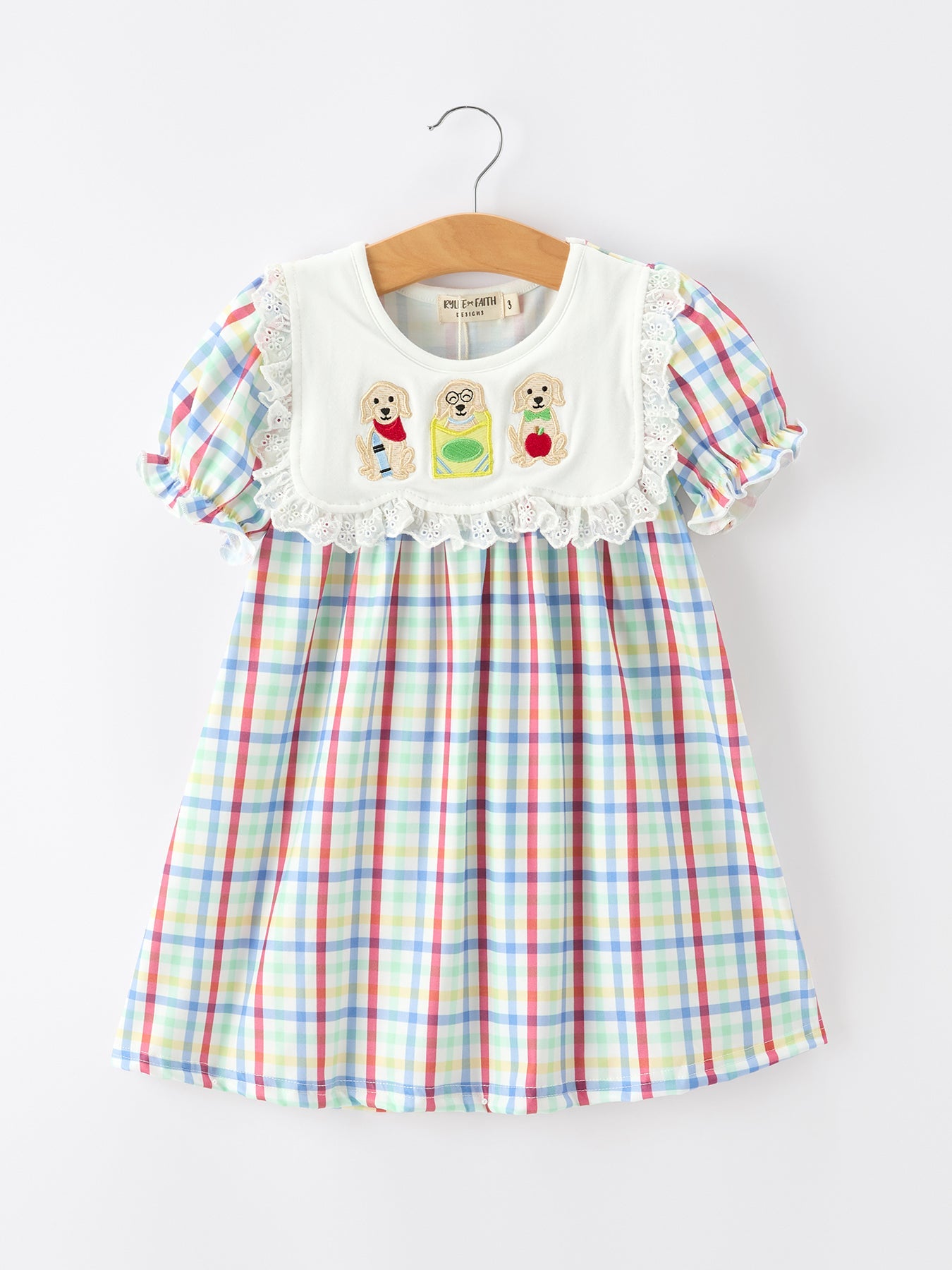 Girls Back To School Dog Plaid Twirl Dress - front view