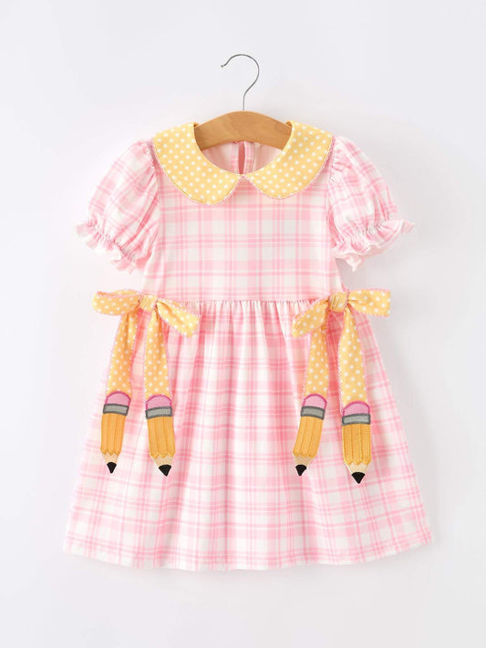 Girls Back To School Pencil Plaid Twirl Dress Bow Petals Collar