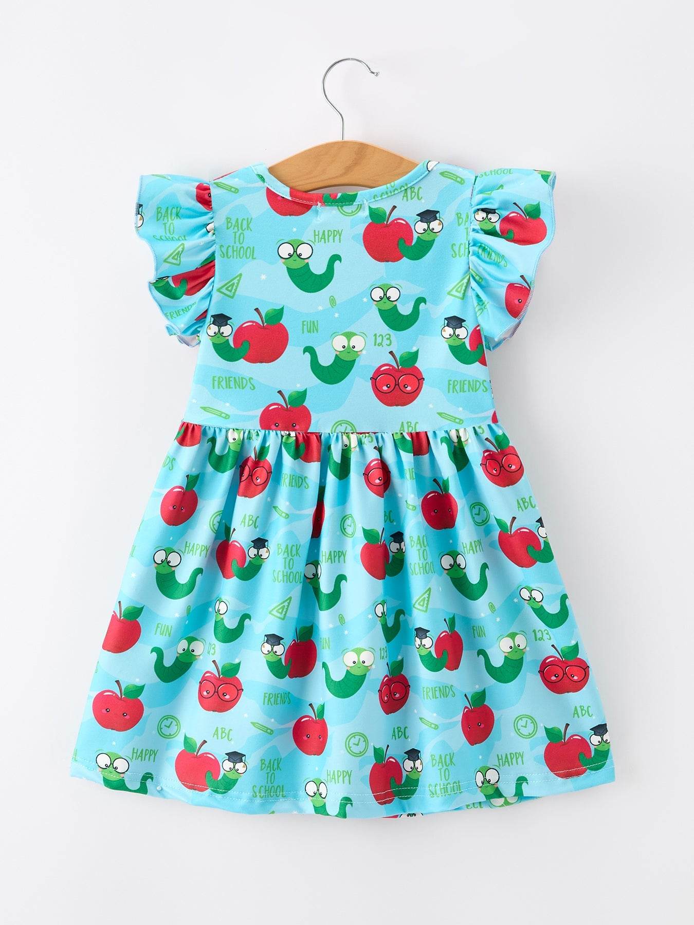 Girls Back To School Apple Worm Twirl Dress Ruffle Color Block - detail view