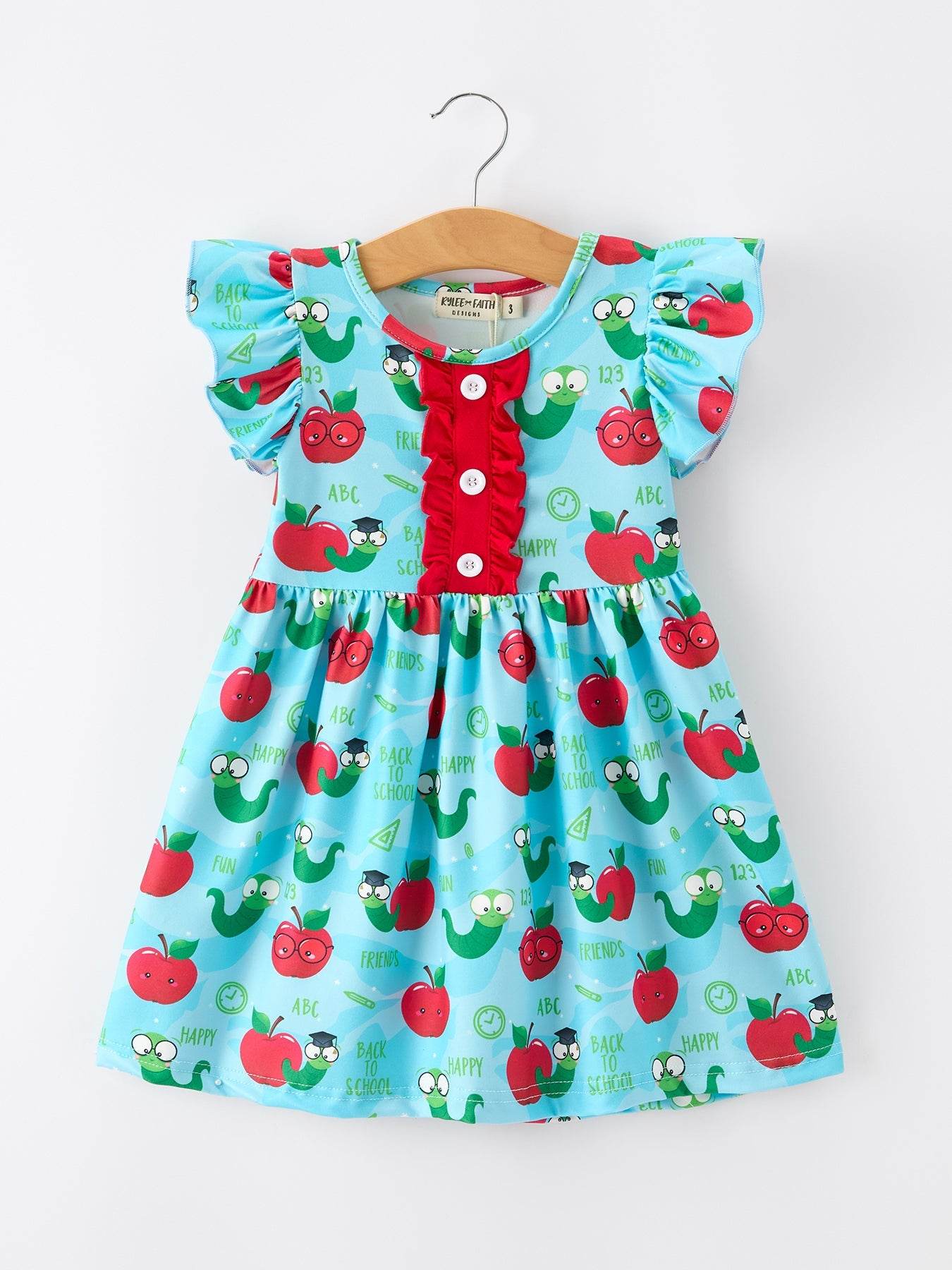 Girls Back To School Apple Worm Twirl Dress Ruffle Color Block - front view