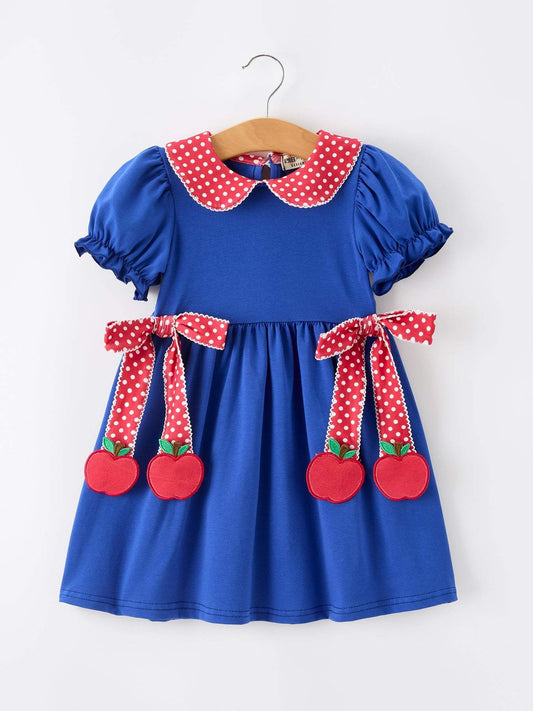 Girls Back To School Apple Polka Dot Petals Collar Bow Dress