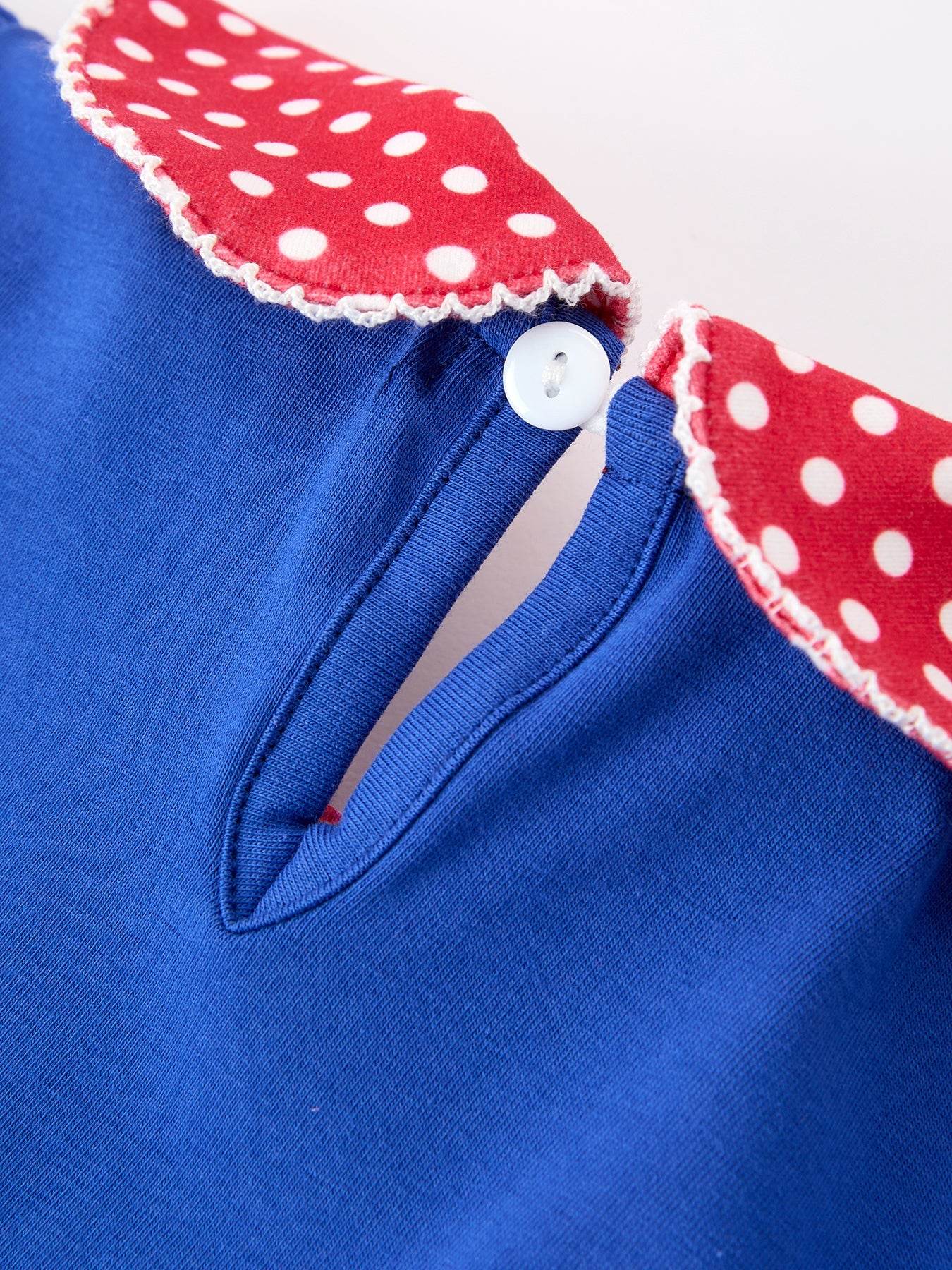 Girls Back To School Apple Polka Dot Petals Collar Bow Dress - fabric and material close-up