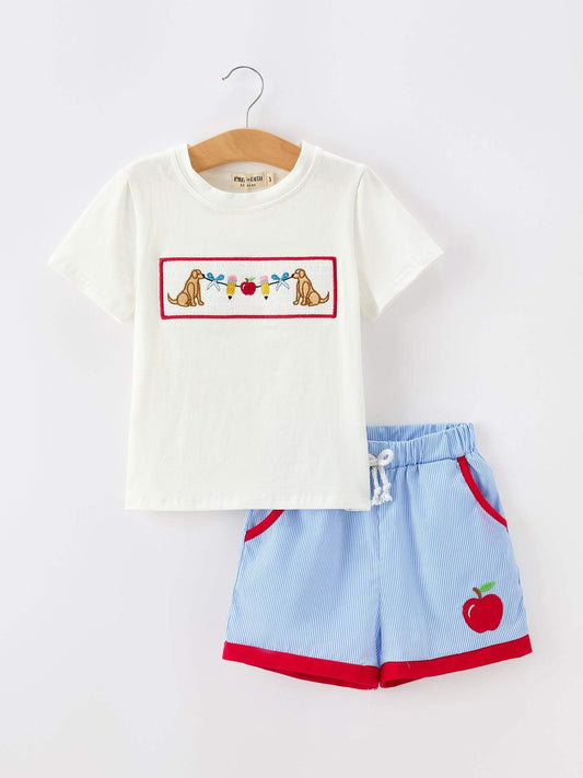 Back To School Apple Pencil Embroidery Boy Top Shorts Set