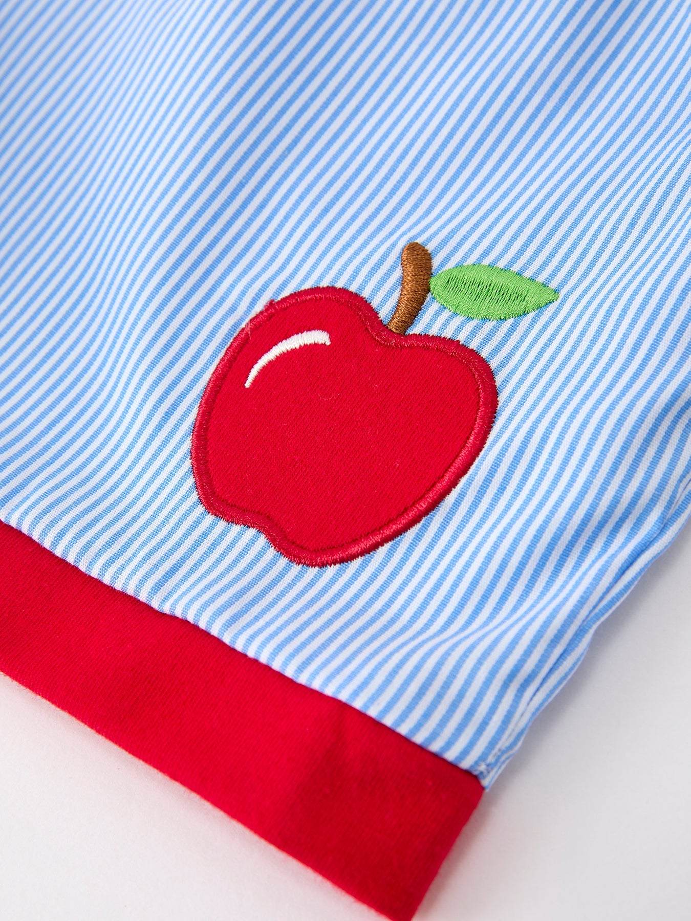 Back To School Apple Pencil Embroidery Boy Top Shorts Set Outfit - fabric and material close-up