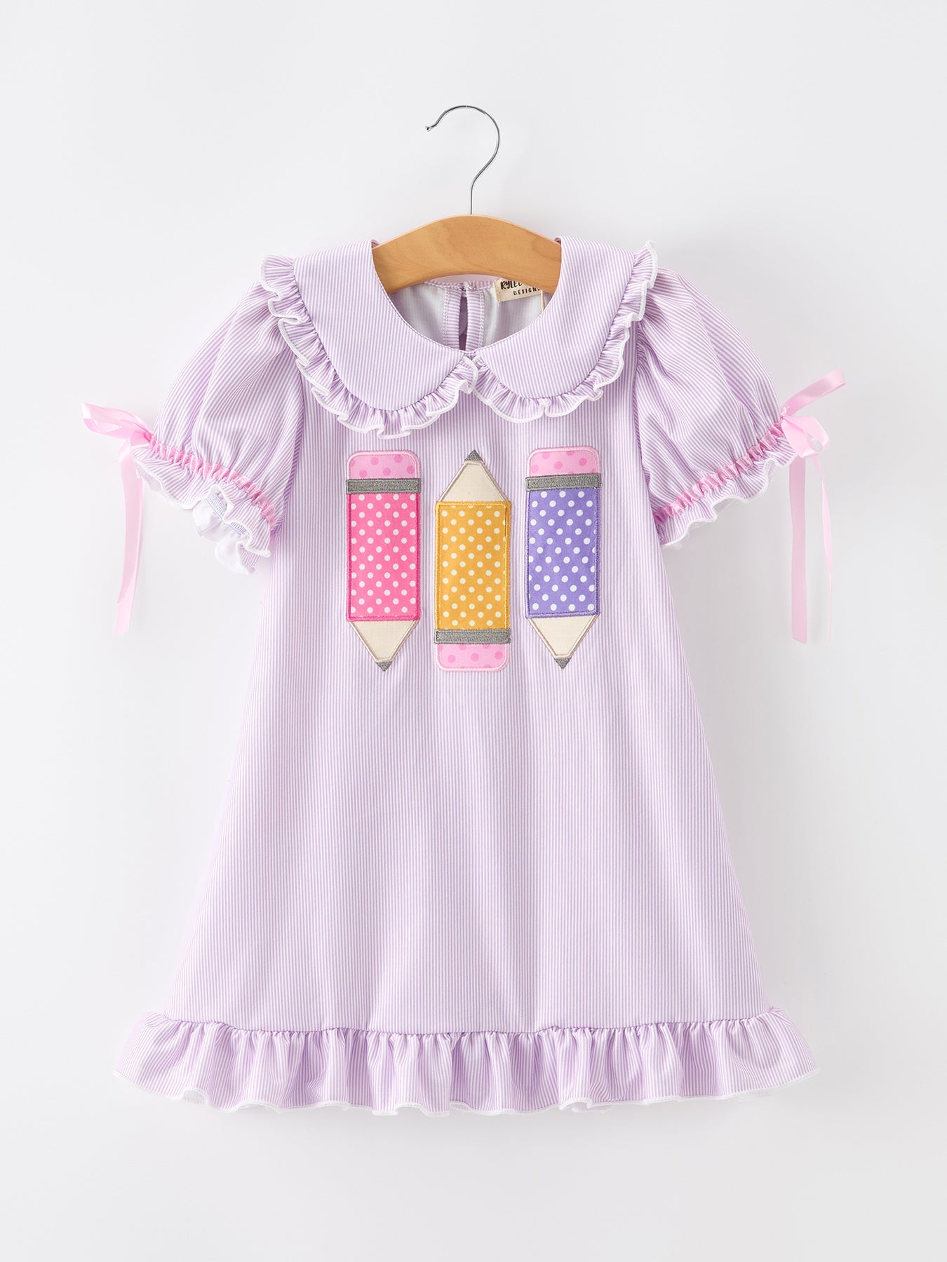 Back To School Pencil Applique Girls Purple Dress Petals Collar Ruffle - front view