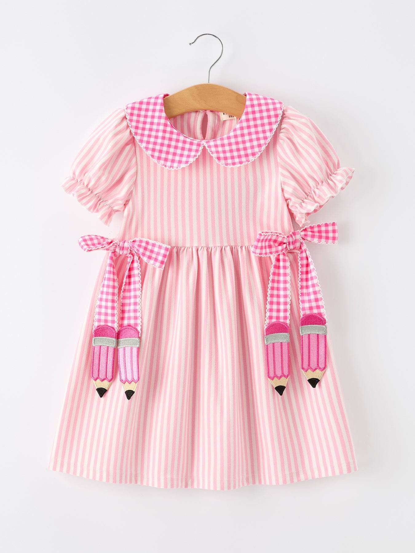 Girls Back To School Pink Plaid Petals Collar Pencil Applique Dress - front view