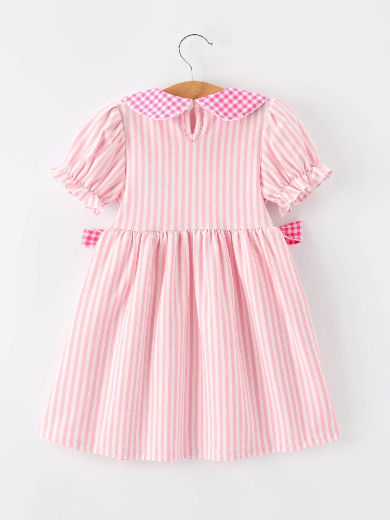 Girls Back To School Pink Plaid Petals Collar Pencil Applique Dress - detail view