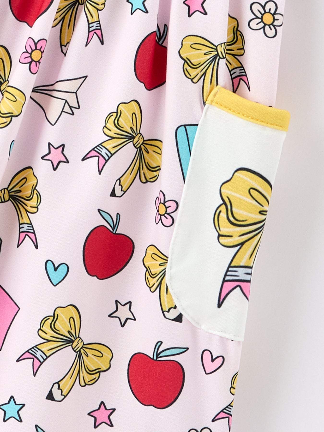 Girls Back To School Apple Bow Pocket Twirl Dress - side view