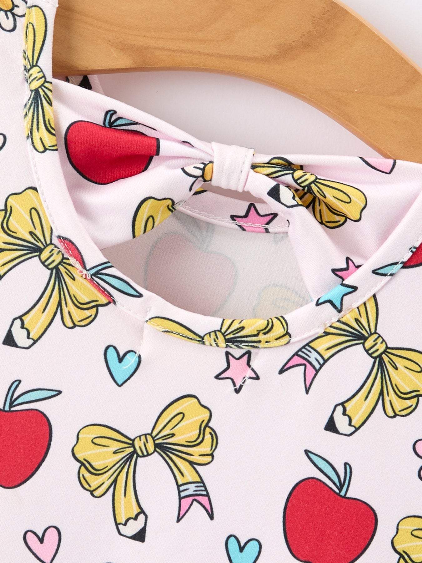 Girls Back To School Apple Bow Pocket Twirl Dress - fabric and material close-up