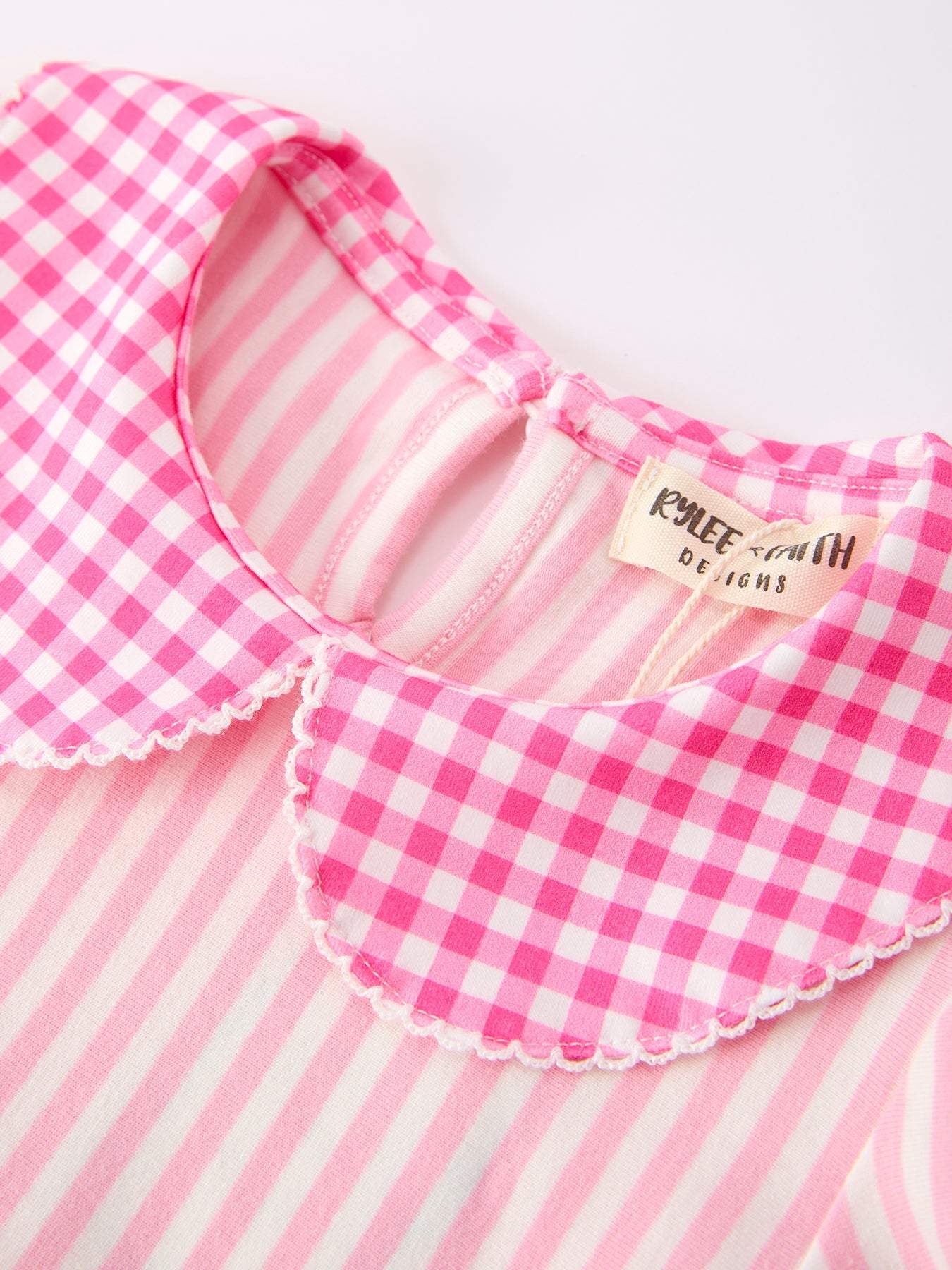 Girls Back To School Pink Plaid Petals Collar Pencil Applique Dress - back view