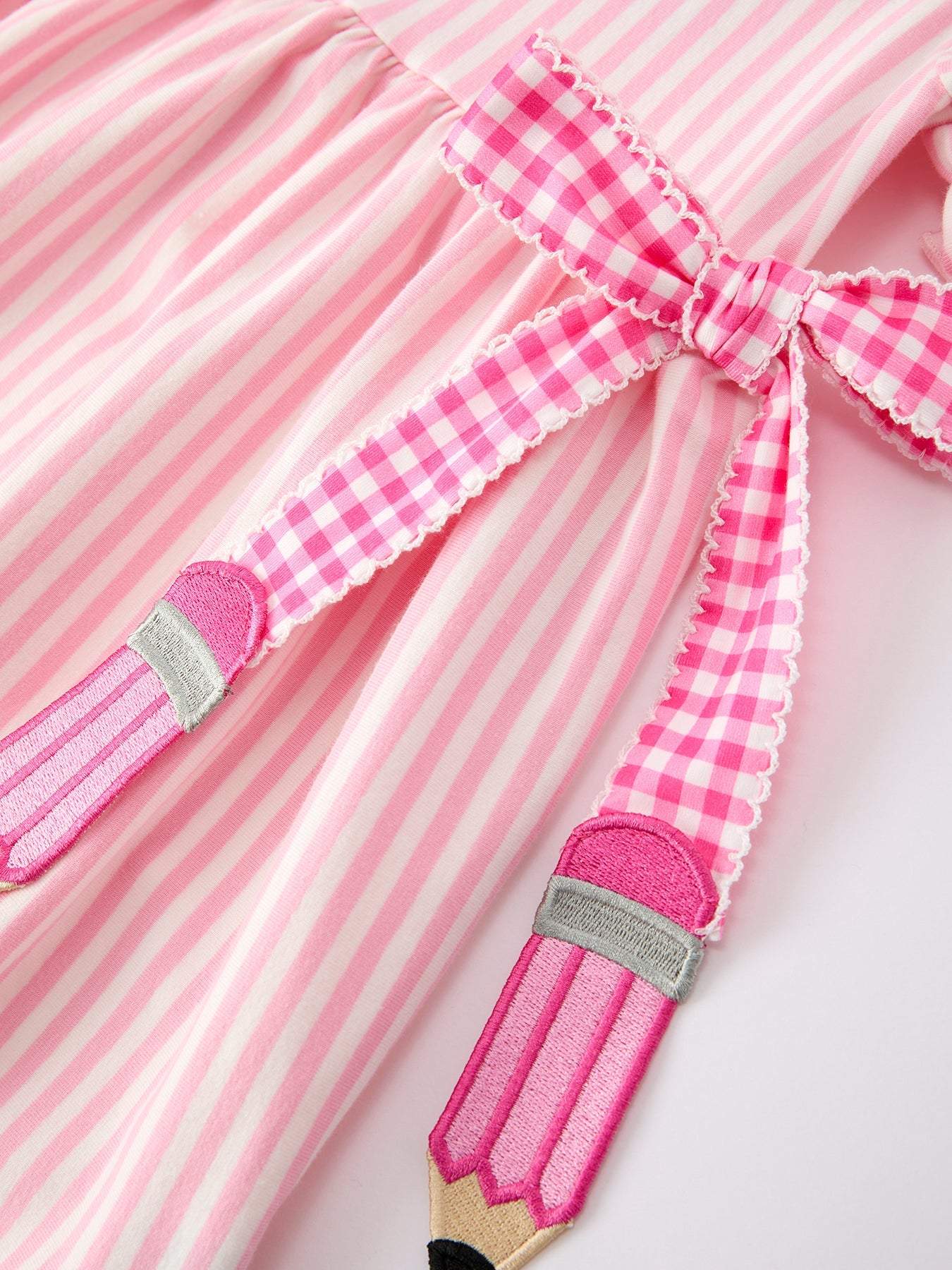 Girls Back To School Pink Plaid Petals Collar Pencil Applique Dress - side view