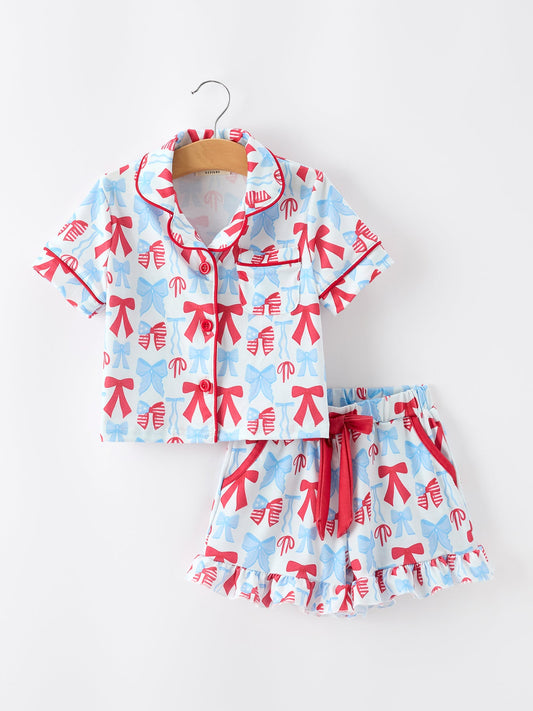 4th of July Bow Girls Pajama Set Short Sleeve Ruffle Shorts