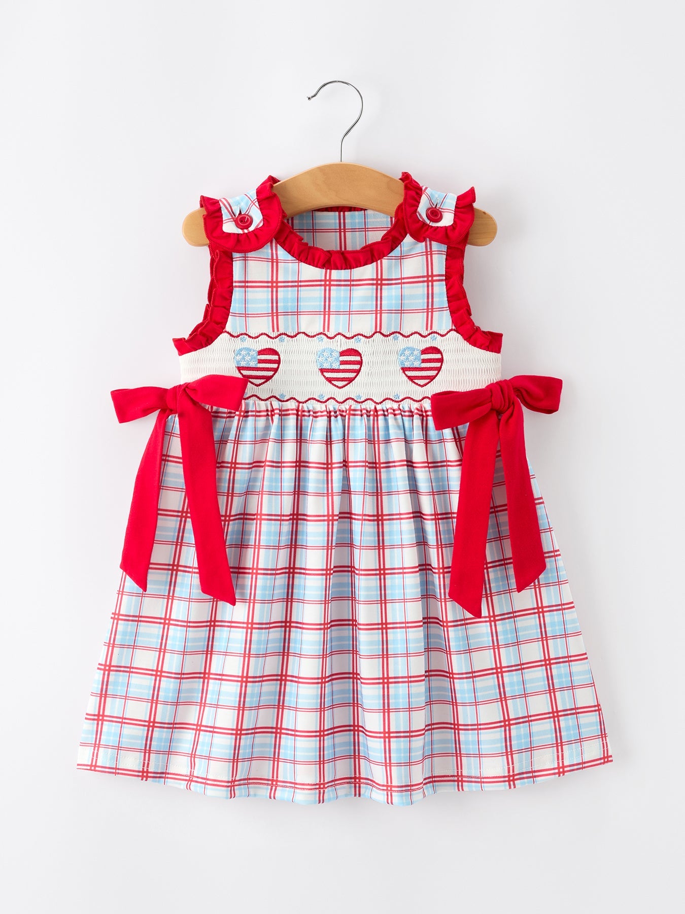 4th of July Plaid Flag Heart Girl Dress With Bow - front view