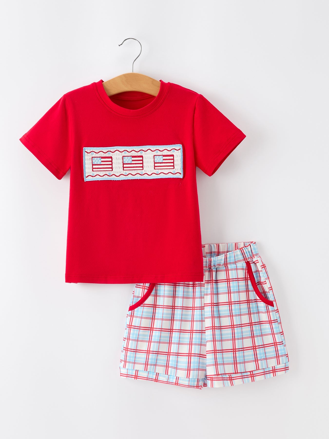 4th of July Flag Boys Set Short Sleeve Top Plaid Shorts