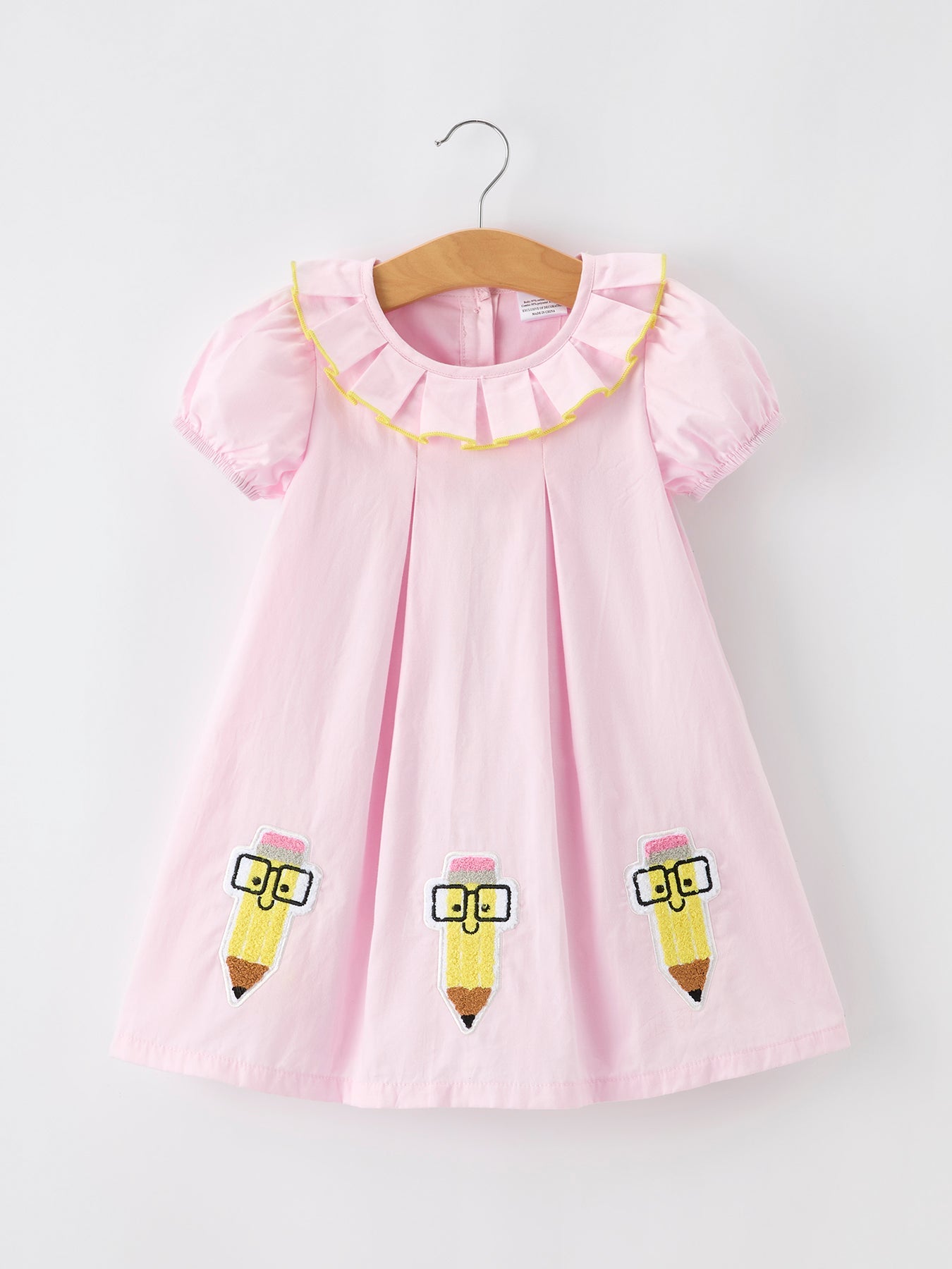 Back to School Pink Pencil Applique Ruffle Collar Girls Dress - front view