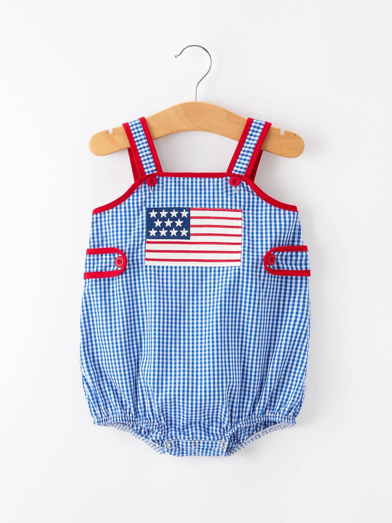 4th of July Flag Chenille Baby Girl Romper Plaid - front view