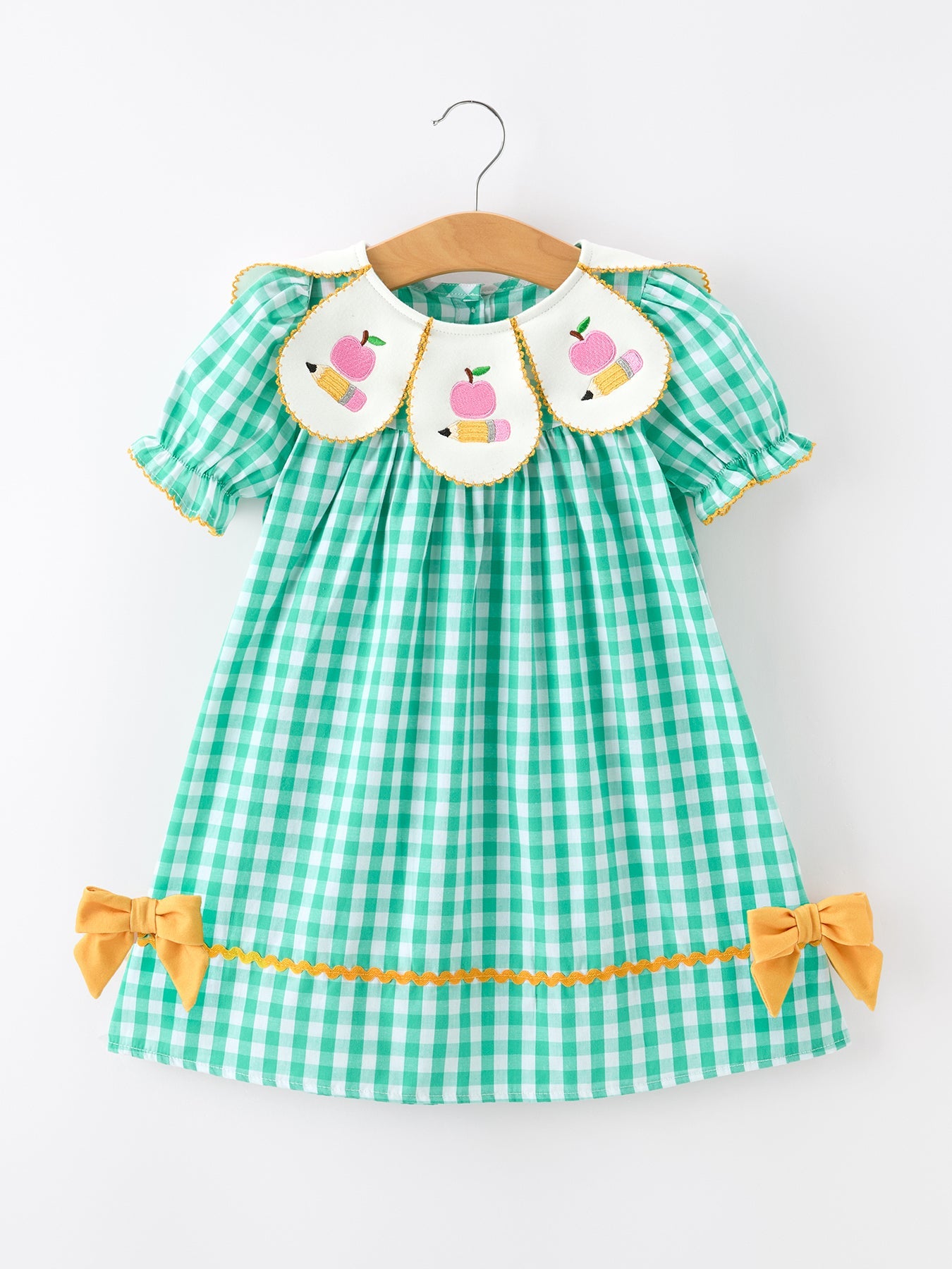 Back to School Apple Pencil Applique Girls Dress Petals Collar - front view