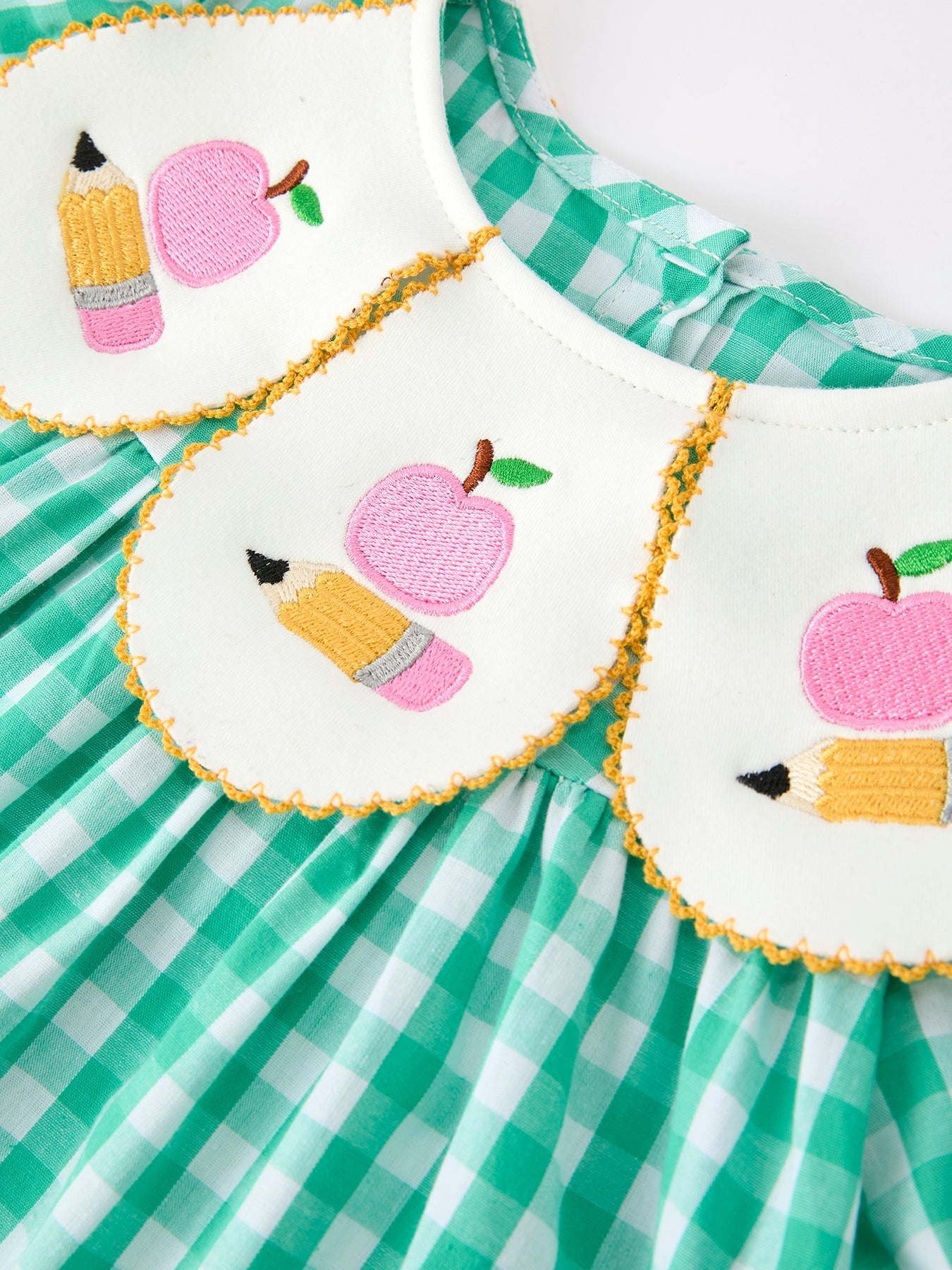 Back to School Apple Pencil Applique Girls Dress Petals Collar - back view