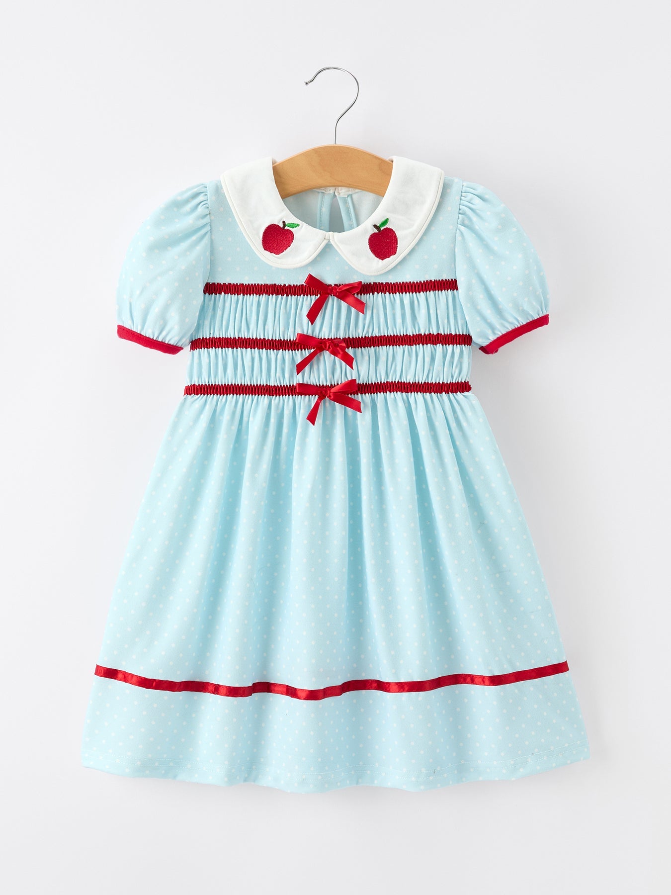 Back to school apple applique girls dress with petal collar front view
