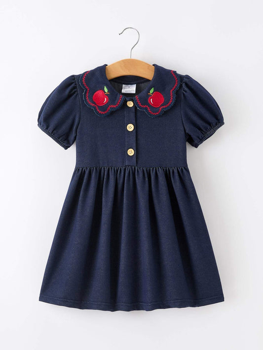 Back to School Apple Applique Girls Dress Petals Collar