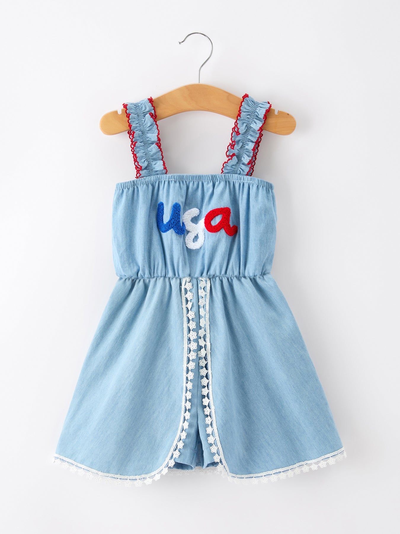 4th of July USA Chenille Girls Romper Dress Denim Lace Trim - front view