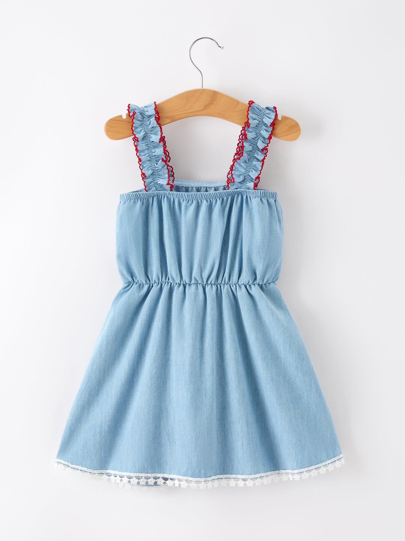 4th of July USA Chenille Girls Romper Dress Denim Lace Trim - detail view