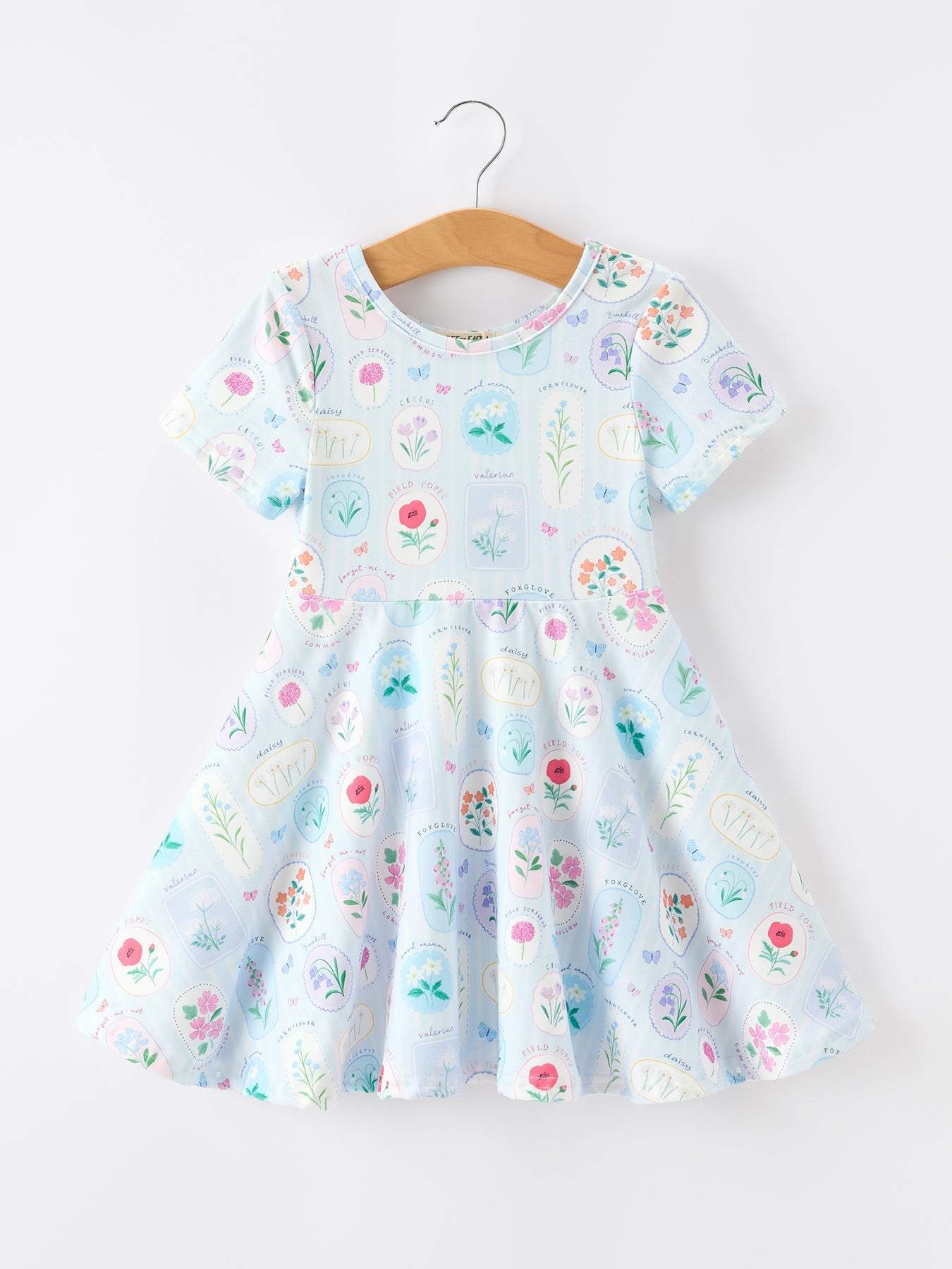 Summer Floral Botanical Girls Dress Blue Short Sleeve