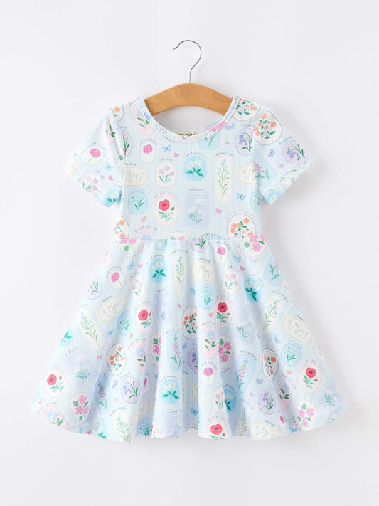Summer Floral Botanical Girls Dress Blue Short Sleeve