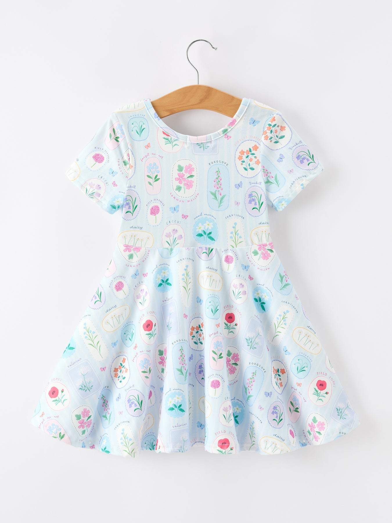 Summer Floral Botanical Girls Dress Blue Short Sleeve