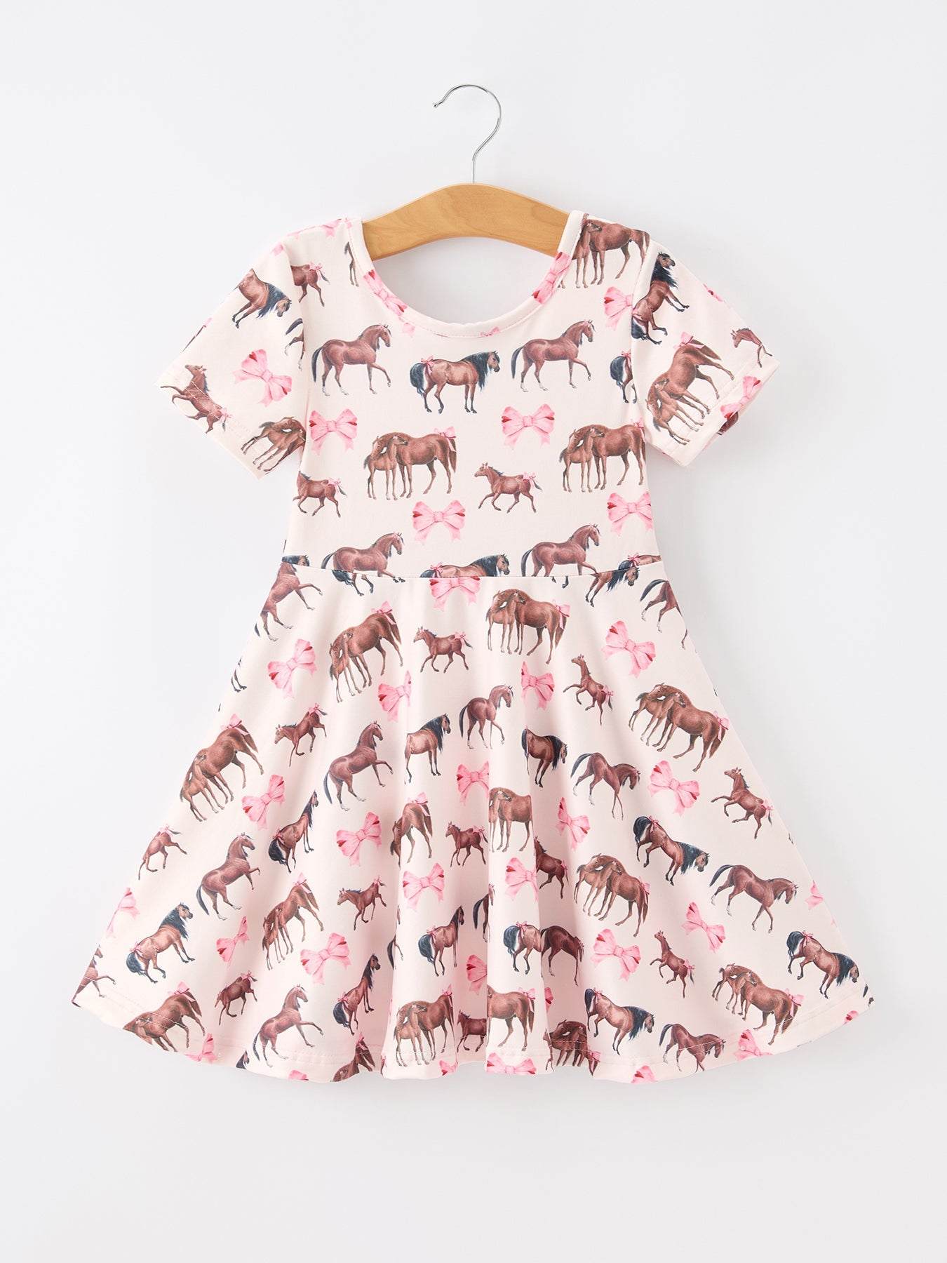 Girls Western Horse Print Twirl Dress Short Sleeve, front view