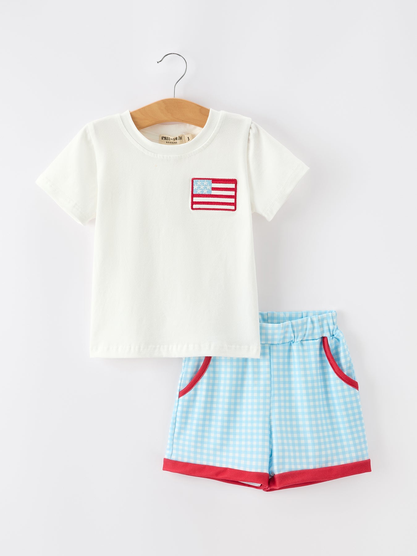 4th of July Flag Boys Set Plaid Shorts T Shirt Outfit - front view