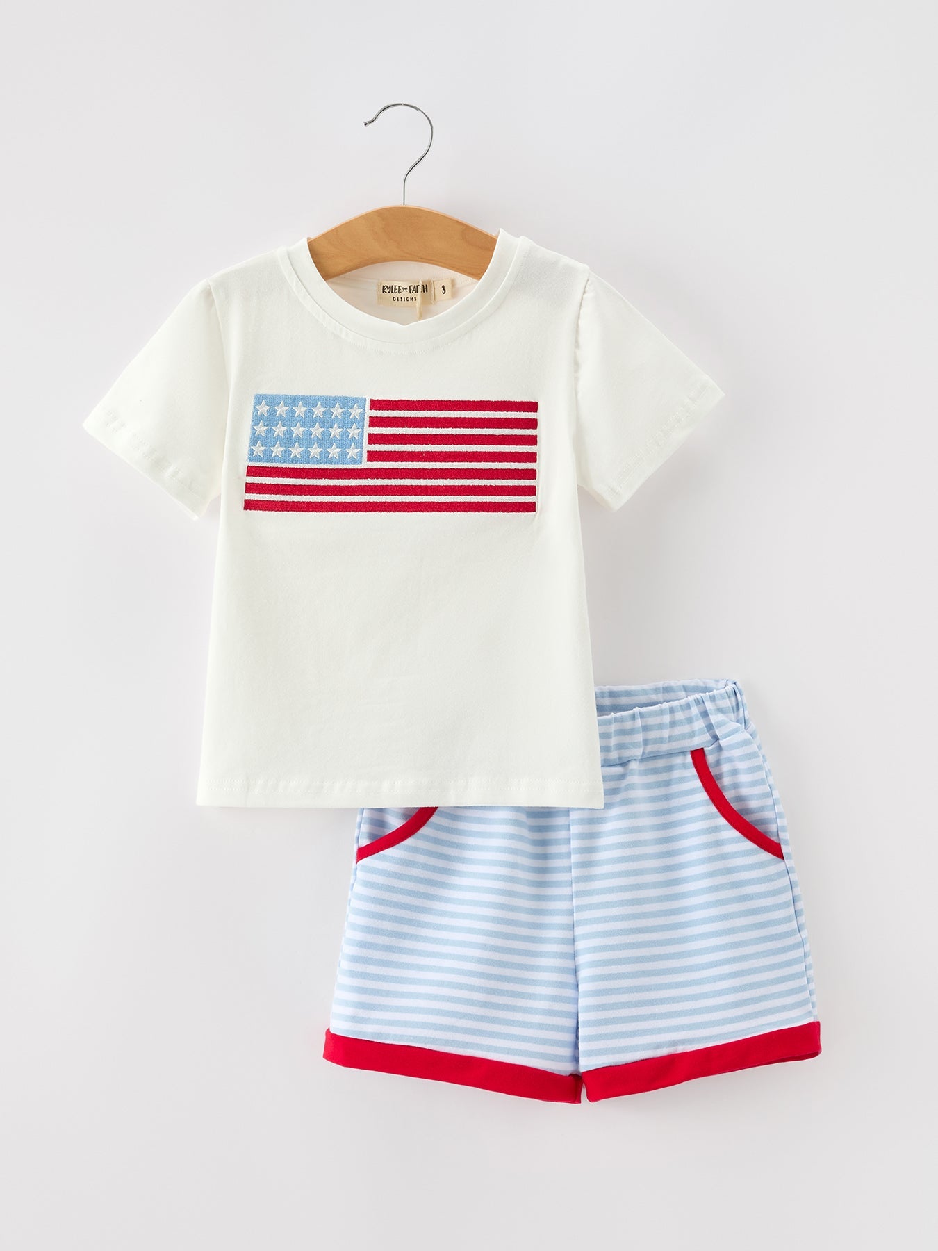 4th of July Flag Applique Boy Top and Shorts Set Outfit - front view