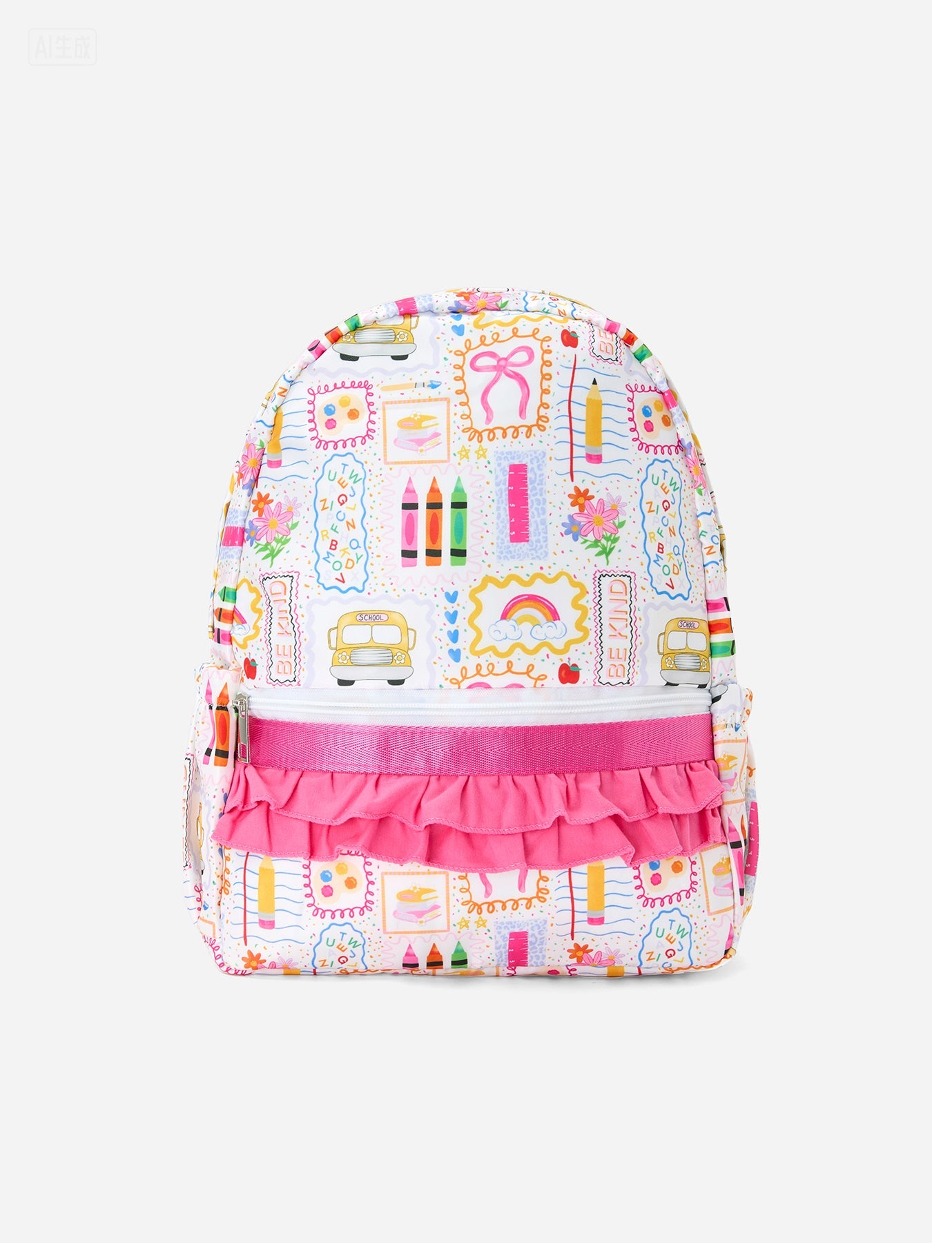 Back to School Print Girls Backpack Ruffle Bag - front view
