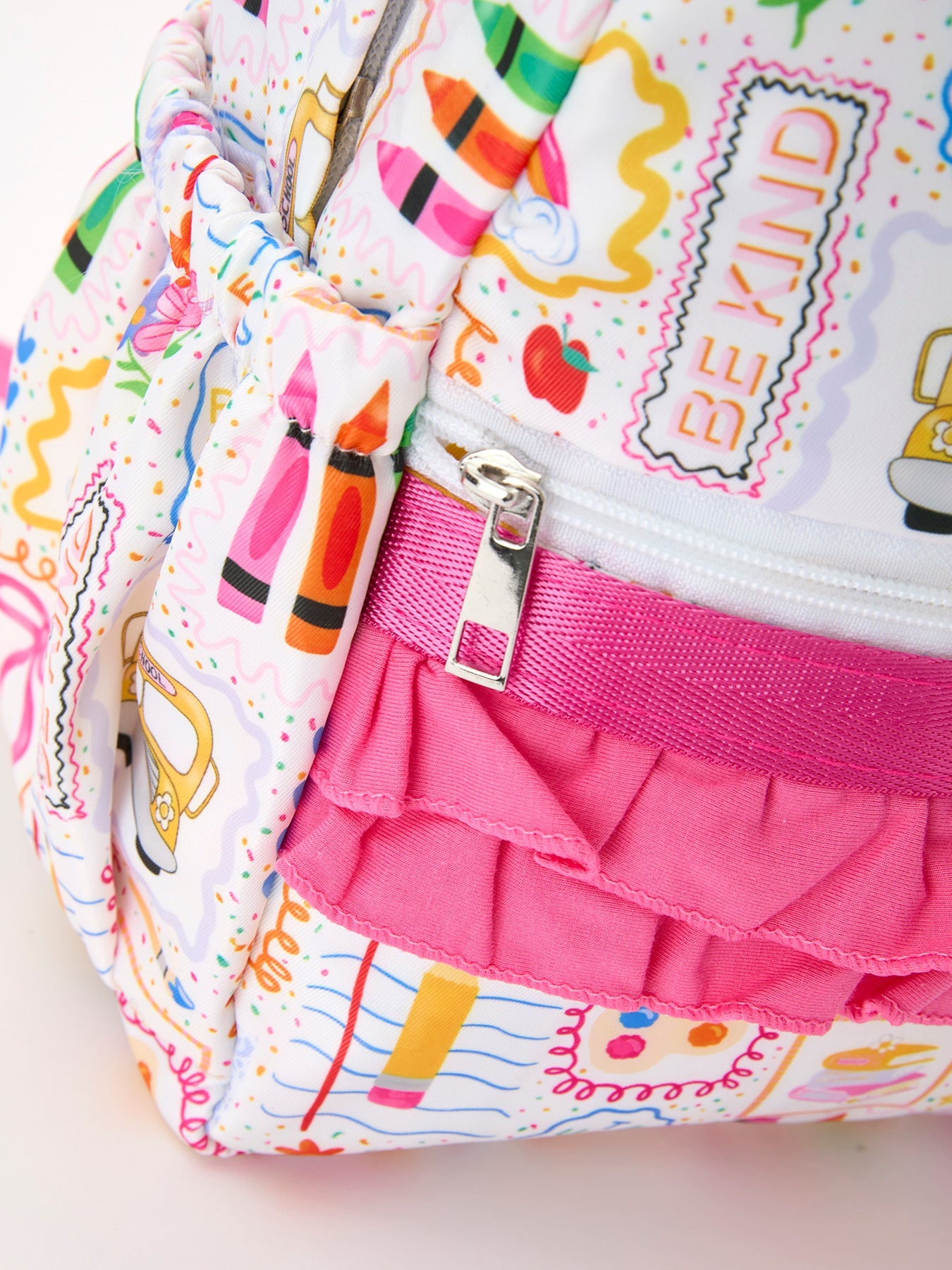 Back to School Print Girls Backpack Ruffle Bag - styling detail
