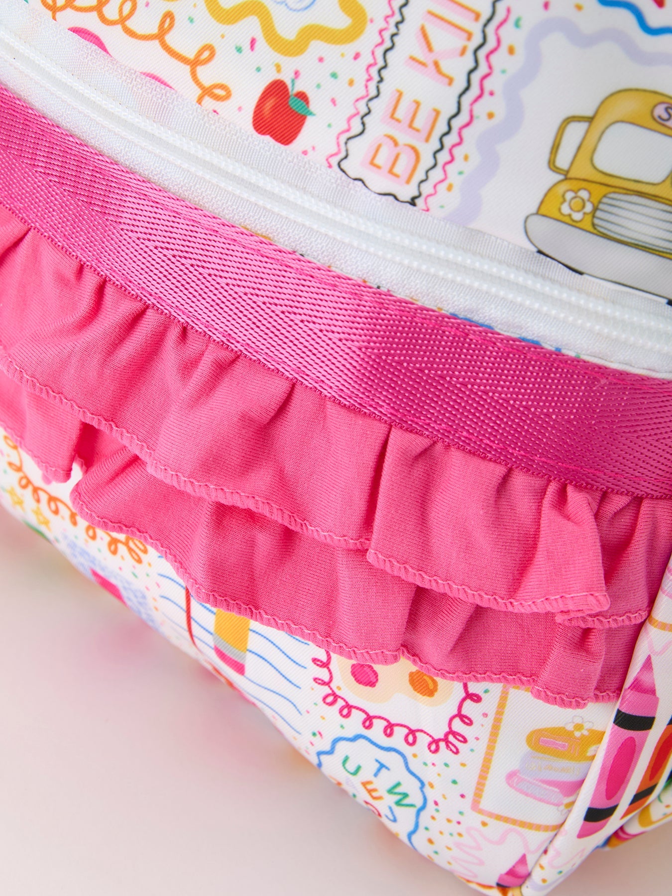 Back to School Print Girls Backpack Ruffle Bag - full length view