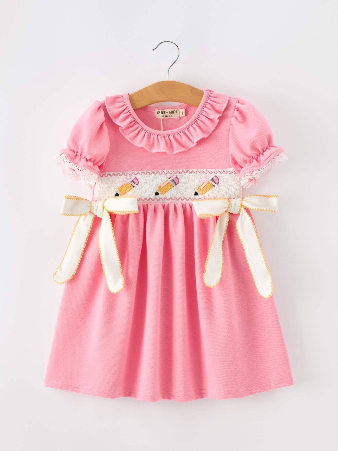 Back To School Embroidery Girls Dress Bow Ruffle Puff Sleeve - front view