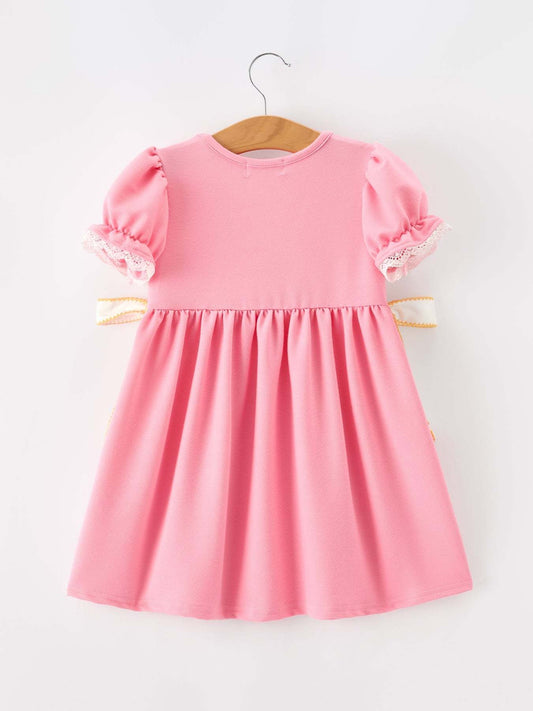 Back To School Embroidery Girls Dress Bow Ruffle Puff Sleeve - detail view
